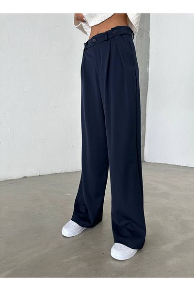 owwon Women's Navy Blue High Waist Pleated Button Detailed Palazzo Pants