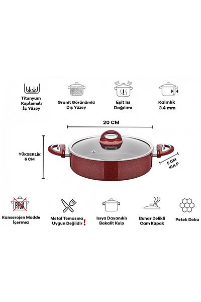 Taç Titan Granite Flat Pot 20 cm Red