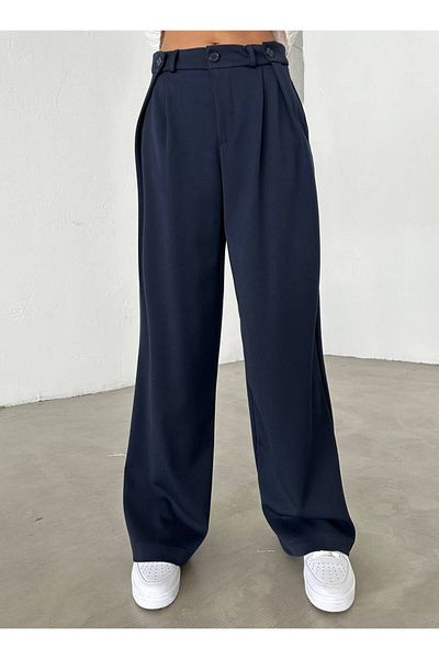 owwon Women's Navy Blue High Waist Pleated Button Detailed Palazzo Pants