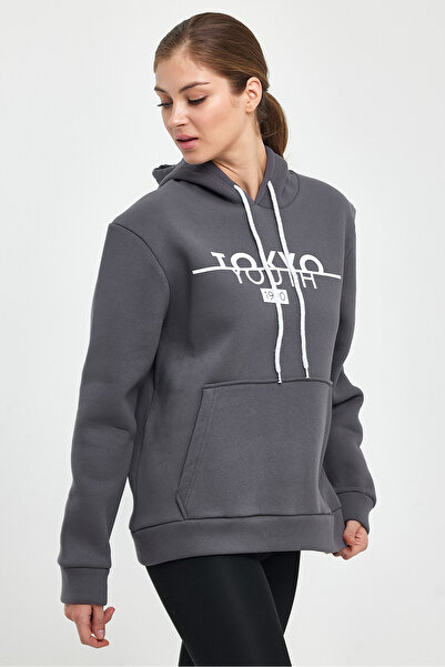 Superlife Women's Hooded Comfortable Fitted Fleece 3 thread Kangaroo Pocket Tokyo Printed Sweatshirt