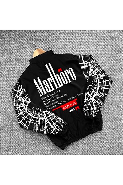 Mhm Unisex Parachute Fabric Oversize Printed Black Windbreaker Raincoat