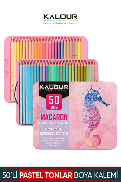 kalour 50'li Kuru Boya Kalem Seti - Macaron Renkler -Metal Kutulu