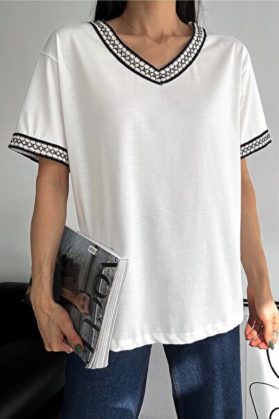 FEMELLE Women's V-Neck Cotton T-Shirt with Straw Stripe Detail on Collar and ...