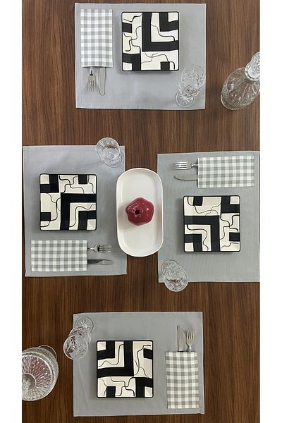 Zeren Home Καρό αμερικανική στολή σέρβις για 4 άτομα, ανθεκτική σε υγρά και λεκέδες