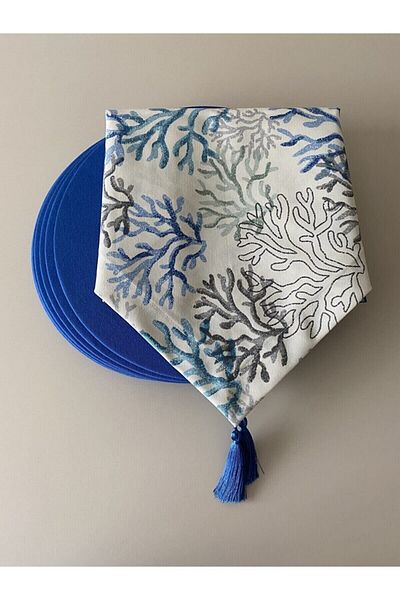 stay home American Service Blue Coral Patterned Runner and 6-Piece Charger Set