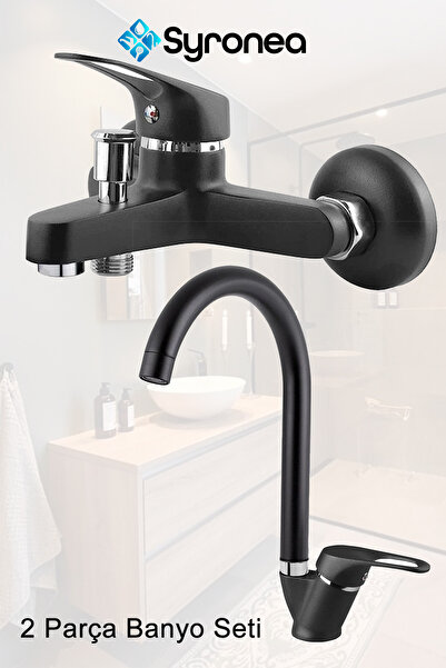 Syronea Siyah Mix Banyo Duş Bataryası Aç Kapa Lavabo Batayası Seti 2 Parça Mu...
