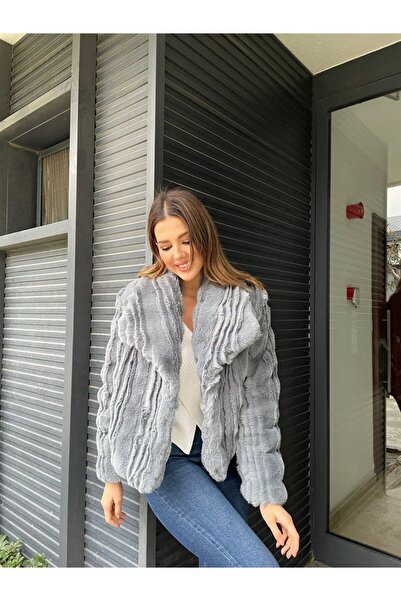 NARKISS Kruvaze Yaka Kabartmalı Kül Grisi Suni Ceket