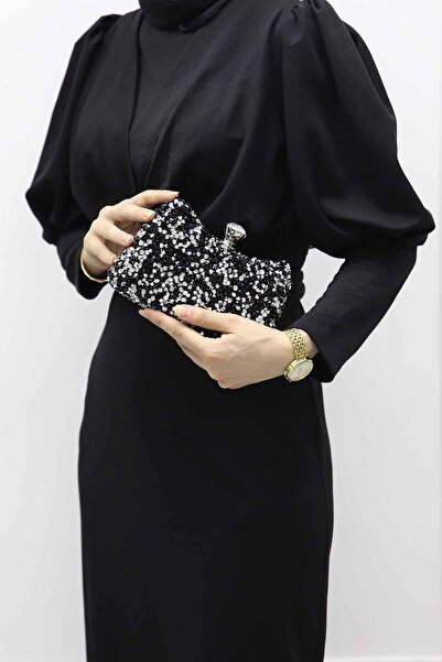 ROZA CANTA Γυναικεία Μαύρη/Ασημί Φυσική Πέτρα Βραδινή Τσάντα Φόρεμα