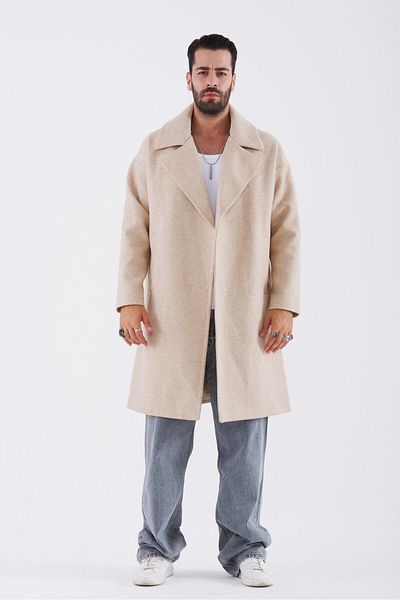 THIMOON Beige Oversize Long Non-Closing Coat Coat