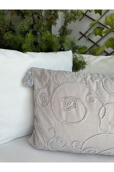 Decamor home Husă de pernă gri cu detaliu de broderie și ciucuri