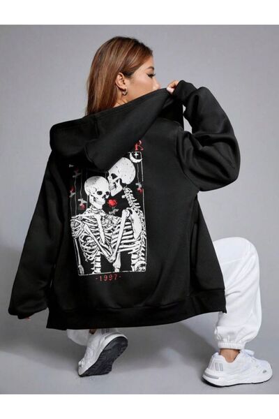 LOUİSA Hooded Black FOREVER Printed Zipper Cardigan