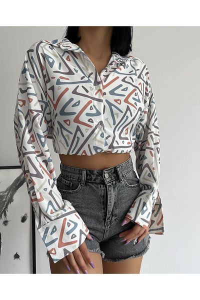 NARKISS Cămașă din satin ecru cu modele geometrice