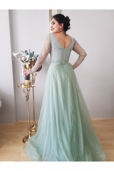 FERGAN KADIN MİNT YEŞİL UZUN KOL PAYET İŞLEME ÇAN ABİYE ELBİSE