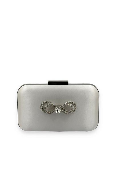 Biçanta Mother of Pearl Εκρού Χρώμα Σατέν Ασημένια Θήκη με Ασημένια Πέτρα Βραδινό Φόρεμα Τσάντα Βραδινή Τσάντα Αρραβωνιαστικό Γάμου