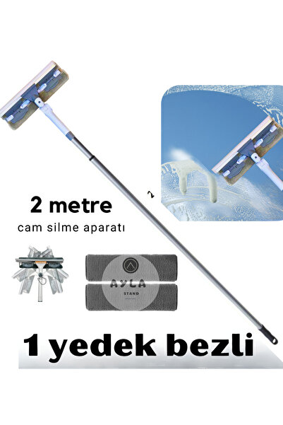 AYLA STAND 2 Metre Çift Taraflı Uzayabilir Yedek Bezli Teleskopik Cam Silme A...