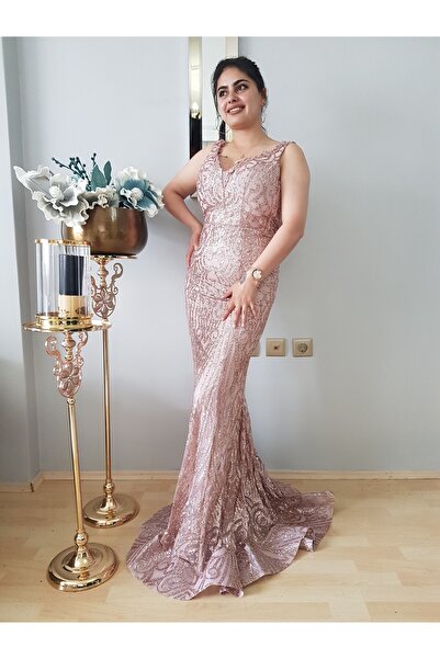 FERGAN KADIN GOLD KENDİNDEN DESENLİ SİMLİ TASARIM BALIK ABİYE ELBİSE