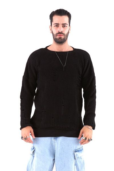 THIMOON Double Black Ripped Oversize Sweater Set