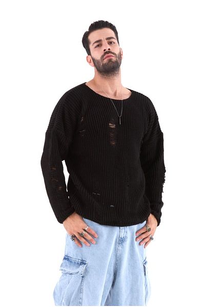 THIMOON Double Black Ripped Oversize Sweater Set