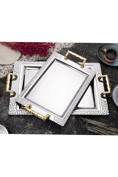 ÖZBURAK Petek 2-Piece Gold Treat Tea and Serving Tray