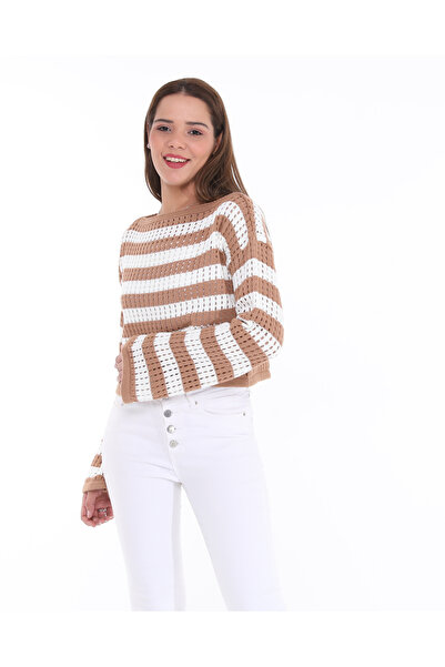 MA ananas Γυναικεία Πλεκτά Πλεκτά Κοντή Μπλούζα Ισπανική Εκρού-Καμήλα