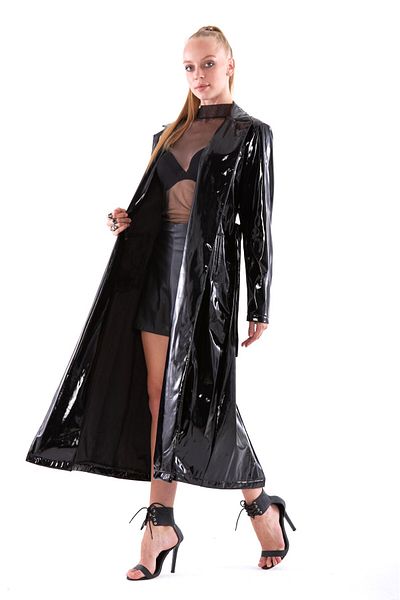 THIMOON Bright Belted Faux Leather Trench Coat
