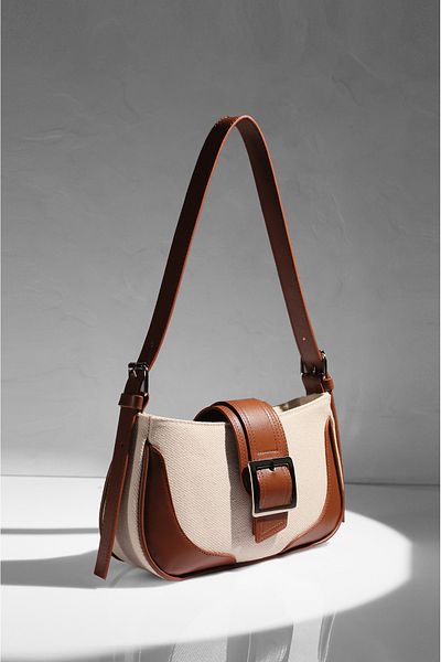 Rimense Tan Linen Buckle Hand and Shoulder Bag
