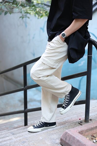 HYMAN Men's Cargo Pocket Baggy Pants Cream