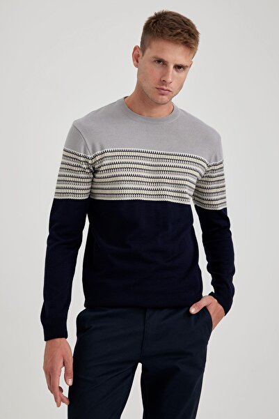 DeFacto Standard Fit Regular Cut Patterned Crew Neck Knitwear Sweater B1404Ax23Au