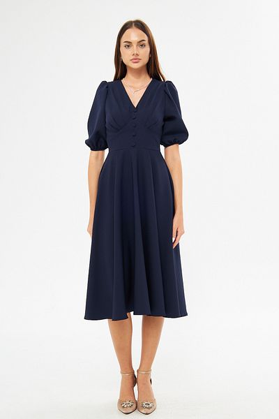 vuvutasarım Stretchy Atlas Fabric V-Neck Button Detailed Waist-Length Midi Length Flared Cut Navy Blue Evening Dress 422