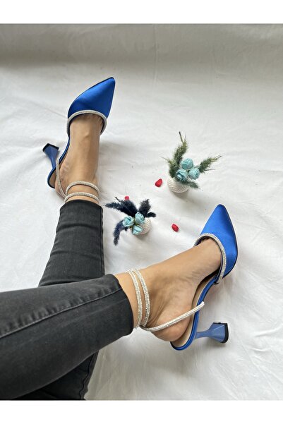 Gamze Shoes Cravata de glezna din satin de culoare albastra Saks