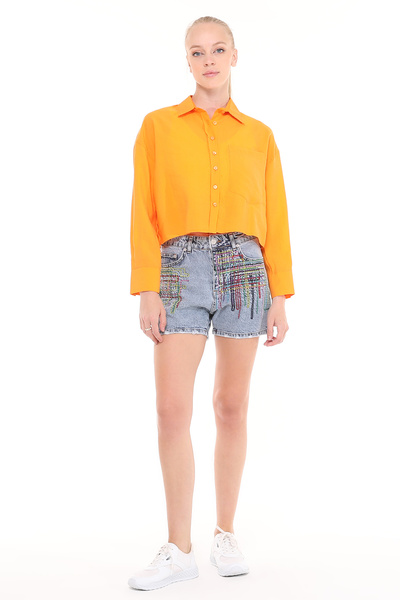 inos Turuncu Uzun Kollu Crop Fit Kadın Gömlek