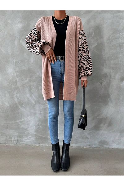 AQE FASHION Cardigan lung cu model leopard tricotat Selanik, pudră/negru