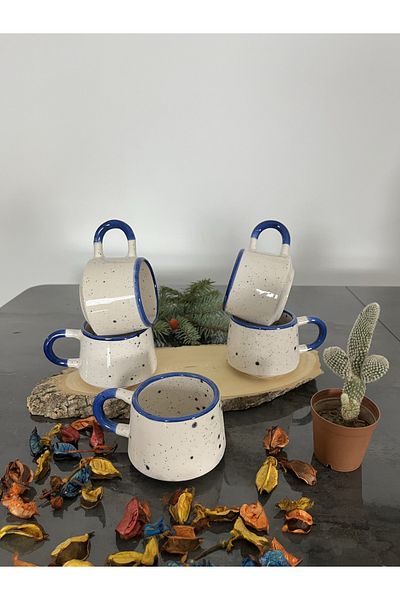 Seramik Plus Handmade Ceramic Spray Decorated Blue Detailed Coffee Mug 225 ML