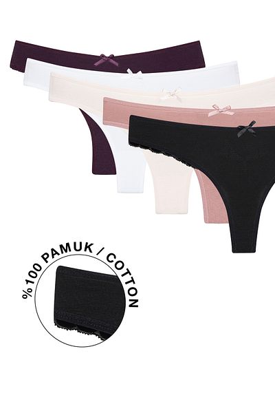 Ramior Pack of 5 Lace Detailed Thong Panties Black, Burgundy, Dried Rose, Powder, White