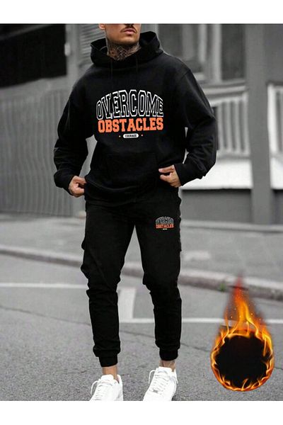 YUVEST BLACKROCK Black OVERCOME Printed Hooded Sweatshirt and Sweatpants Tracksuit Set