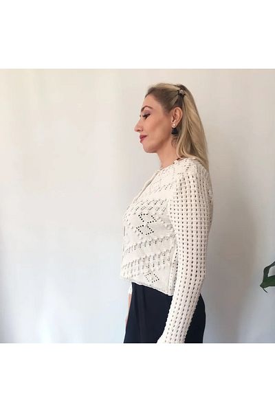 qesto Openwork patterned ecru knitwear cardigan