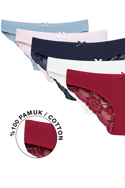 Ramior Pachet de 5 Chiloți Bikini Detaliați Dantela Albastru, Roșu, Roz, Bleumarin, Crem