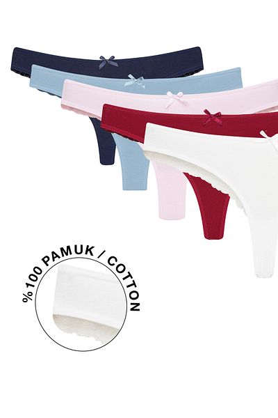Ramior Pack of 5 Lace Detailed Thong Panties Navy Blue, Blue, Pink, Red, Cream