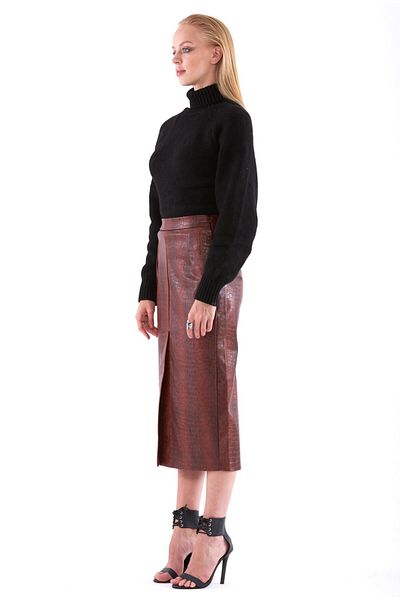 THIMOON Burgundy Snakeskin Slit High Waist Skirt