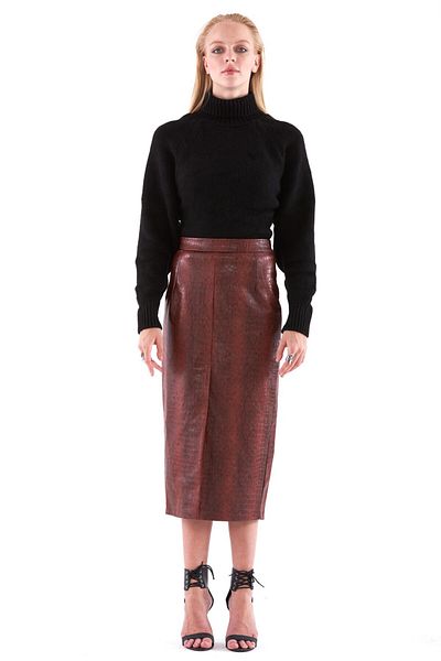 THIMOON Burgundy Snakeskin Slit High Waist Skirt