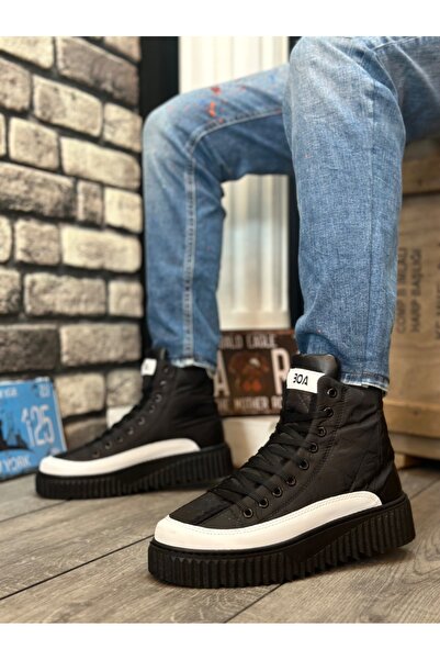 BOA BA0811 BOA Yüksek Taban Siyah Paraşüt Kumaş Beyaz Cilt Detaylı Yarım Bilek Spor Bot