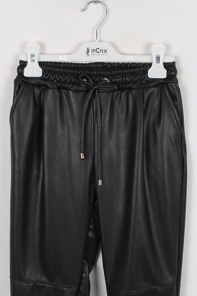 incity Girl's Black Faux Leather Pants with Elastic Legs
