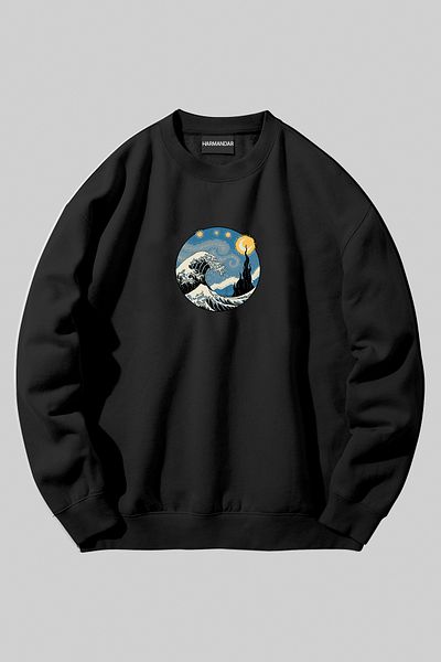 Harmandar Starry Night Wave - Wave Printed Black Unisex Crew Neck Sweatshirt