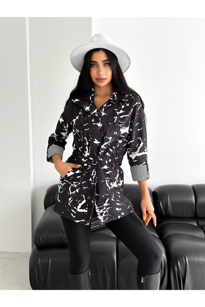 diaves Kadın Mermer Desenli Yanlardan Büzgülü Katlanabilir Kol Astarlı Trençkot