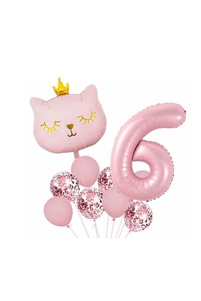 parti sürprizi Crowned Pink Cat 6 Year Old Foil Balloon Set