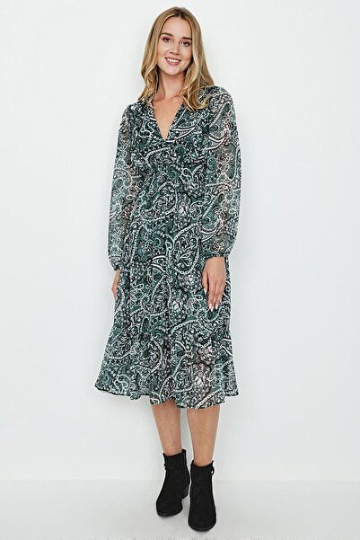 Select Moda Women's Green Patterned V-Neck Ruffle Detailed Chiffon Dress