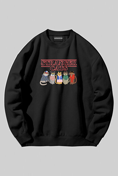 Harmandar Stranger Things - Stranger Cats Baskılı Unisex Siyah Bisiklet Yaka Sweatshirt
