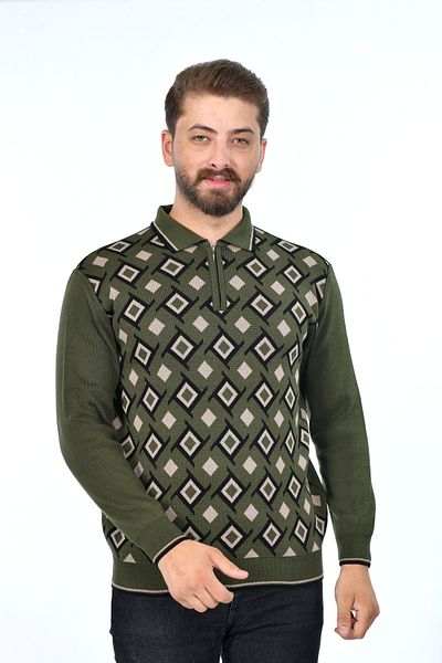 Kamalı Men's Steel Knitted Shirt Collar Zippered Polo Collar Houndstooth Anti-Pilling Knitwear Winter Dad Sweater