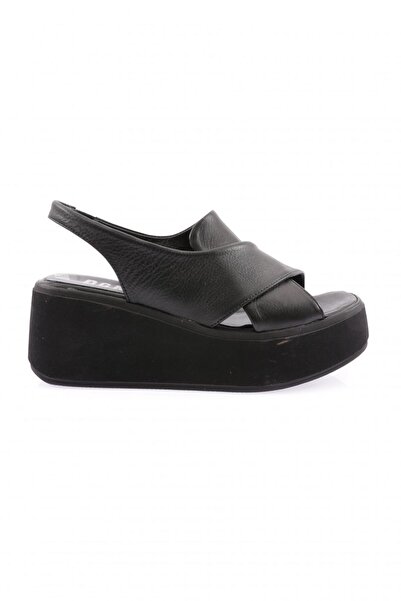 DGN Women's Cross Strap Thick Sole Sandals Black Genuine Leather 69173335