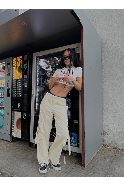 BROOD's Y2k Tactical Kargo Cepli Beli Lastikli Beyaz Pantolon